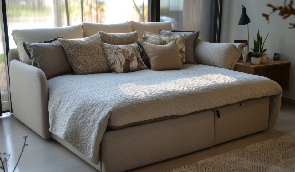 Neutral-toned sofa bed with a quilted cover and multiple cushions in a bright living room corner, sunlit through large windows.